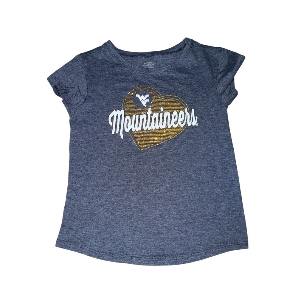 West Virginia Mountaineers Girls 5T Navy Heather T-Shirt Sequin Heart WV sequin